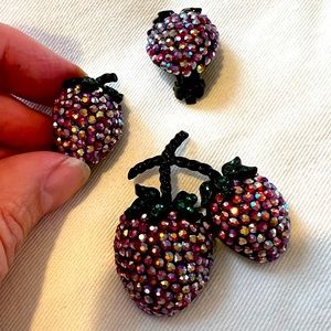 Signed Albert Weiss Earring & Broach Strawberry Set Japanese Red Rhinestones